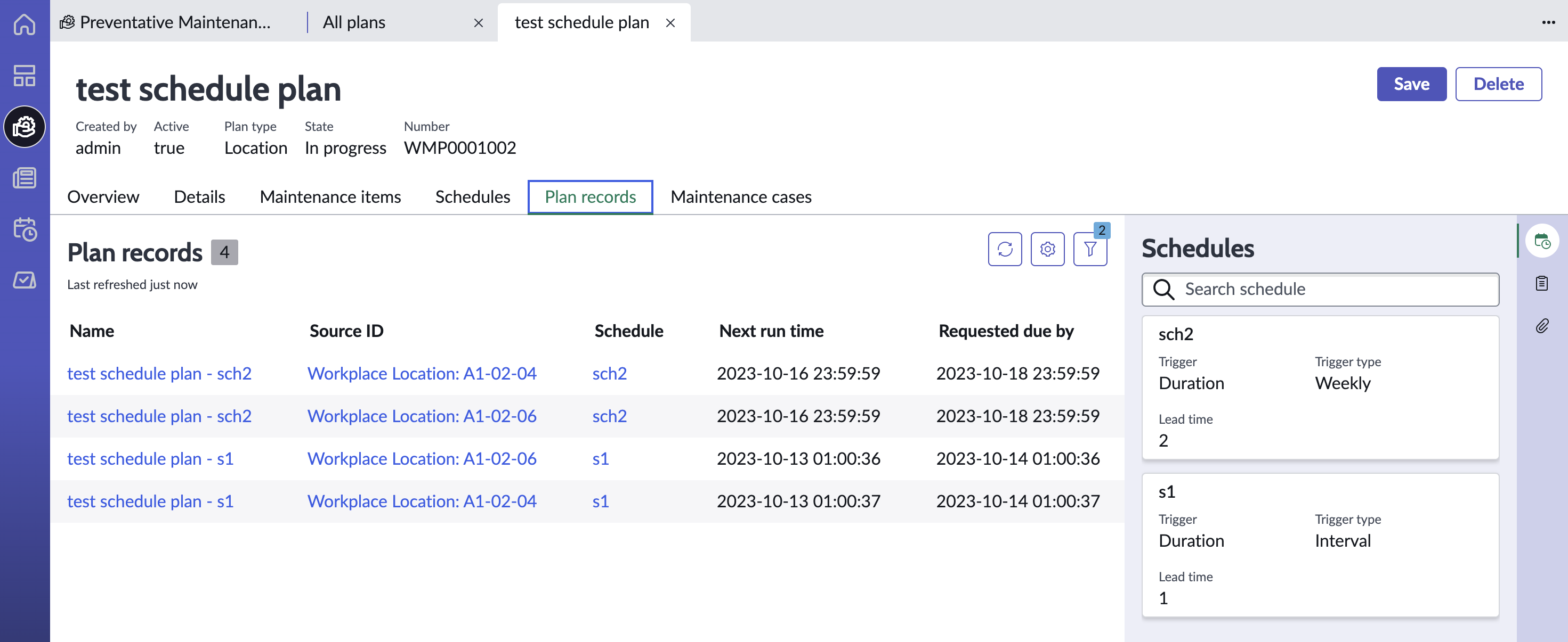 Calendar view showing Plan records.