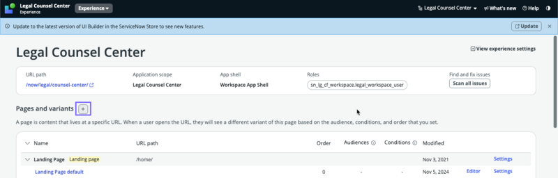 Add pages and variants on an experience page in UI Builder.