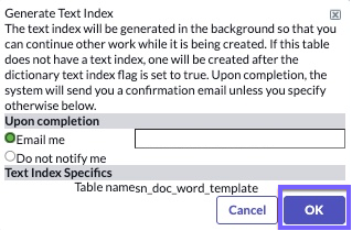 Select Ok to start the table indexing for search