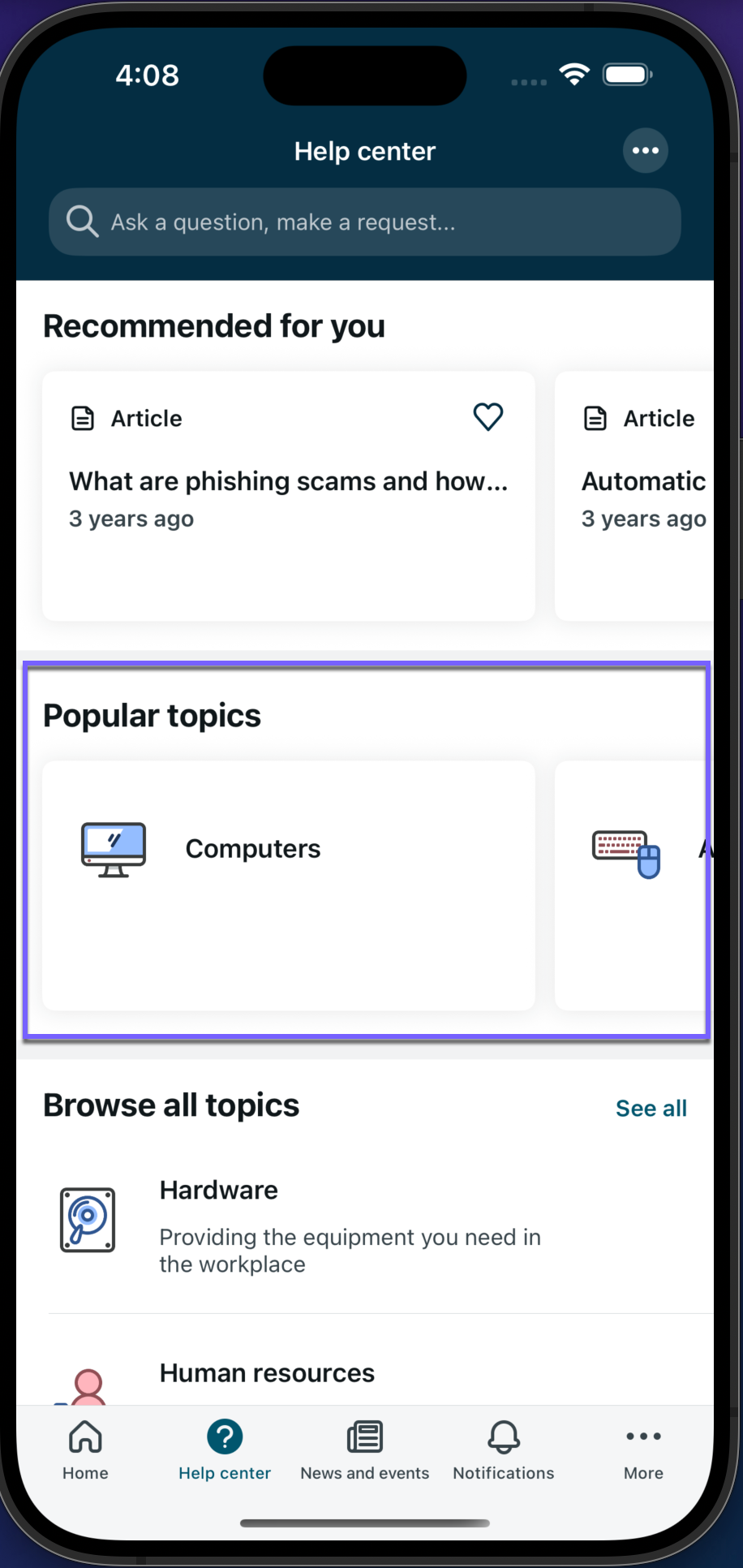 Popular topic widget highlighted on the Help center tab in Now Mobile.