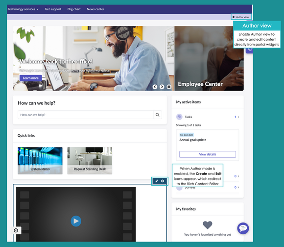Enable the Author view toggle to create and edit content from widgets
