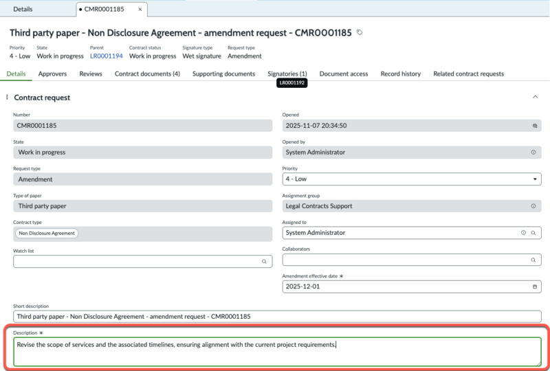 Review the description field for the amendments requested