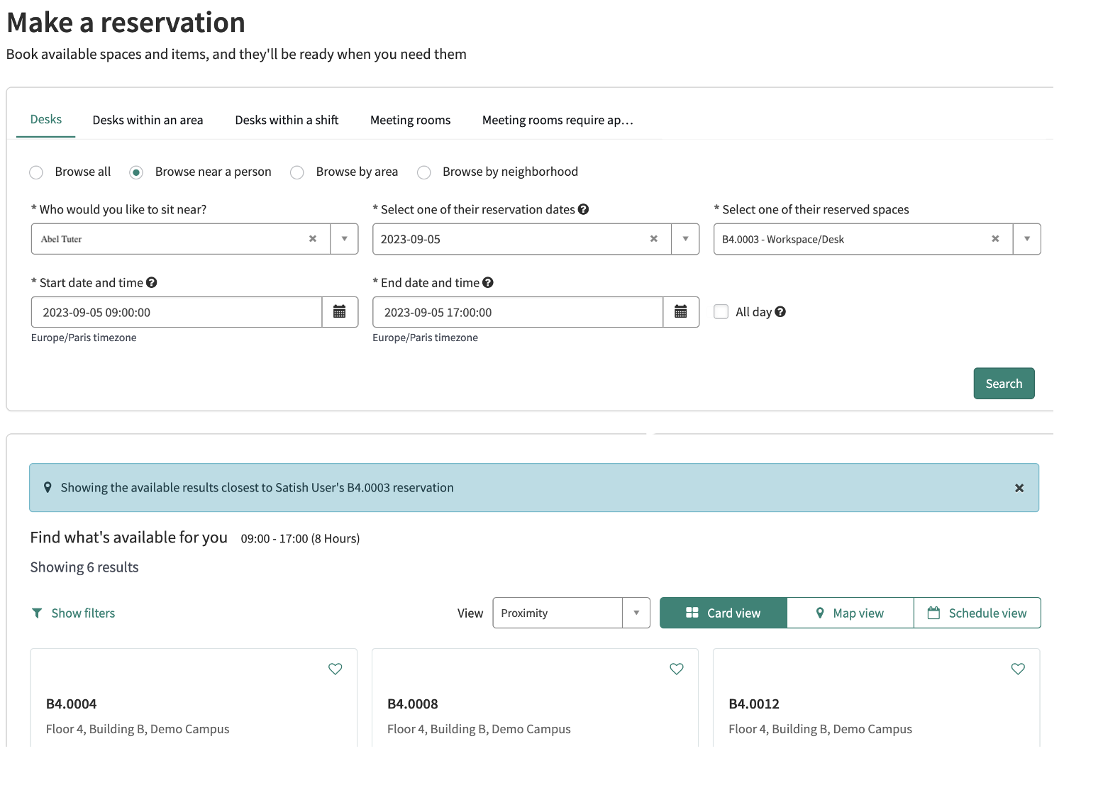 Browse all Spaces clickable link from shared email showing pre-filled dates on the reservation portal.