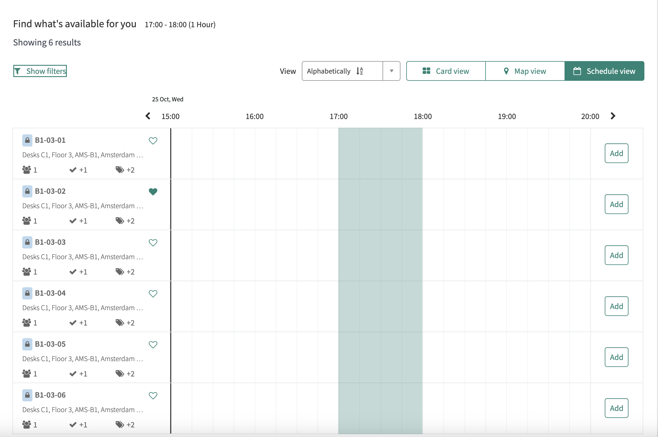 Scheduled view showing available and unavailable spaces.