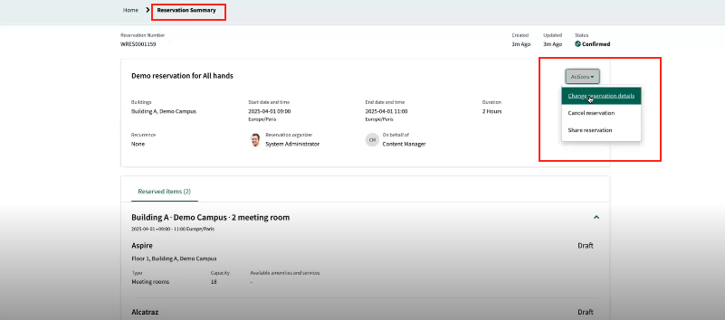 Change, Cancel or Share your reservation from the Actions menu options