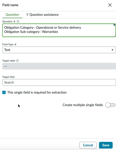Field information for contract obligation extraction.