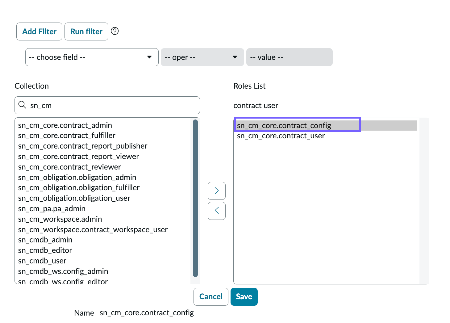 Add sn_cm_core.contract_config to the user