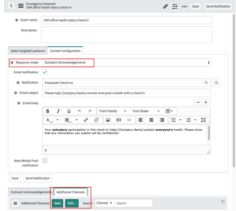 Emergency Outreach content configuration for an outreach notification.