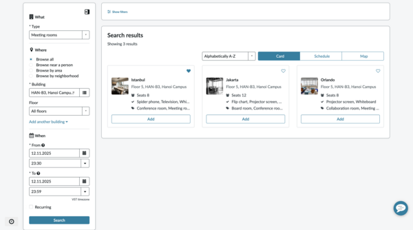 Make a reservation form page showing options to select location, date, and time. Make recurring or all day reservation as required.