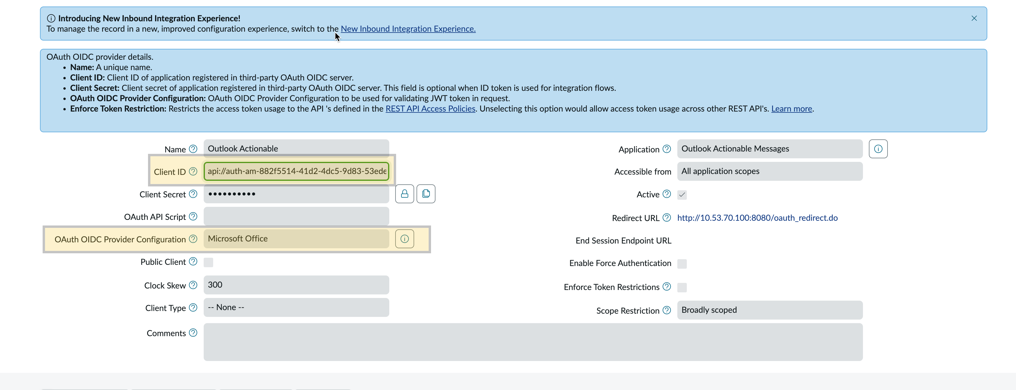 Outlook actionable Application Registry form.