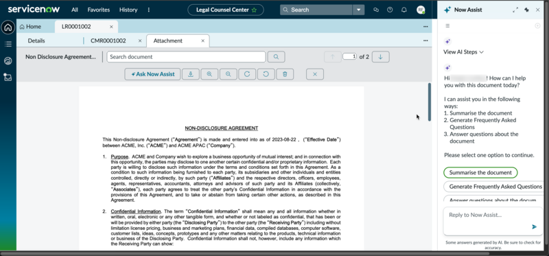 Now Assist panel displaying options to summarize the document, generate FAQs, and ask questions.