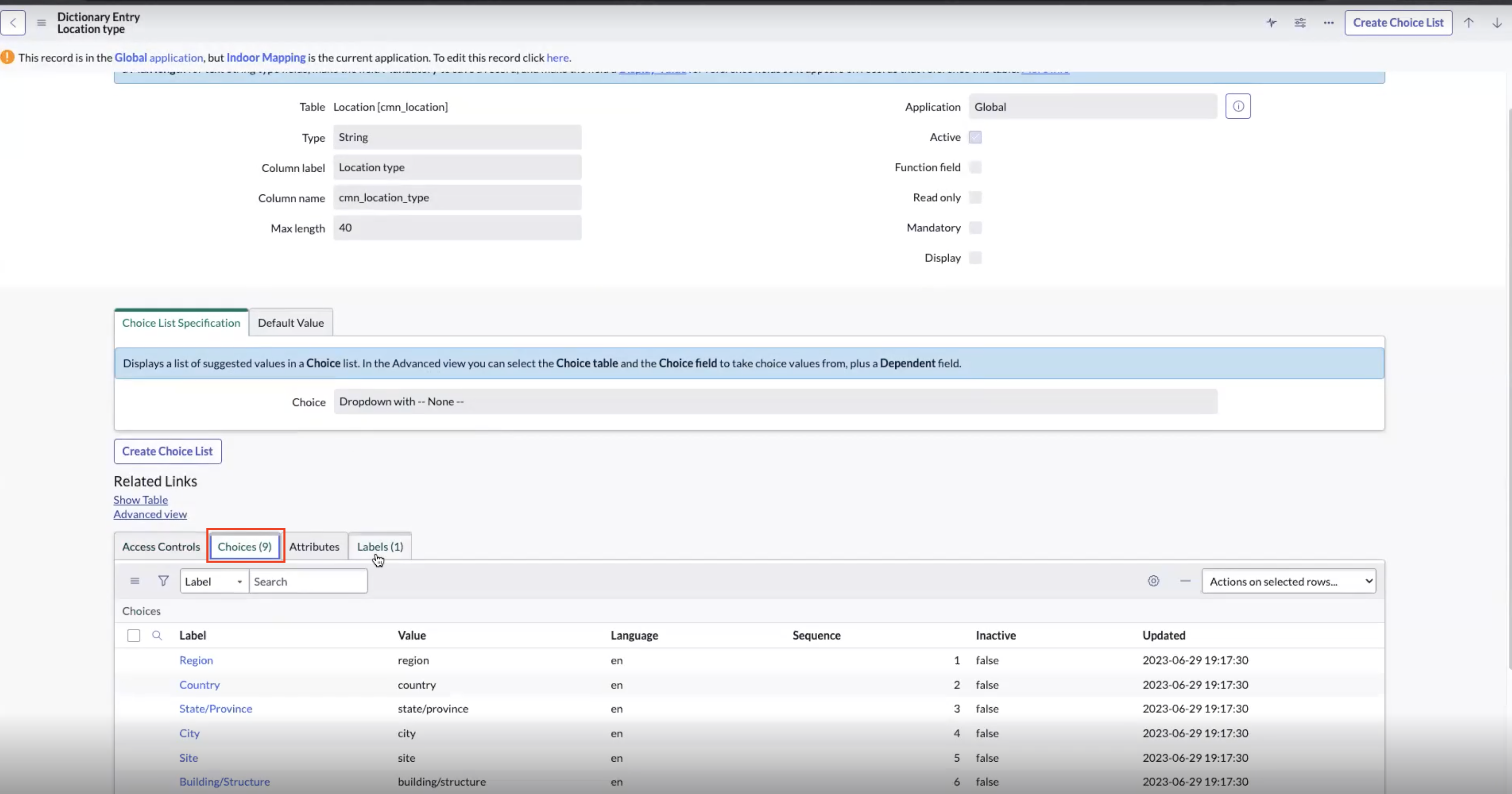 CMN location type table with the Choices column.