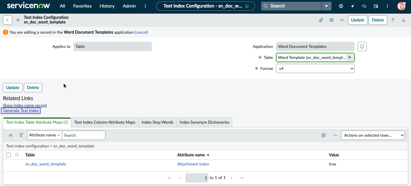 Initiate table indexing for keyword search in contract templates