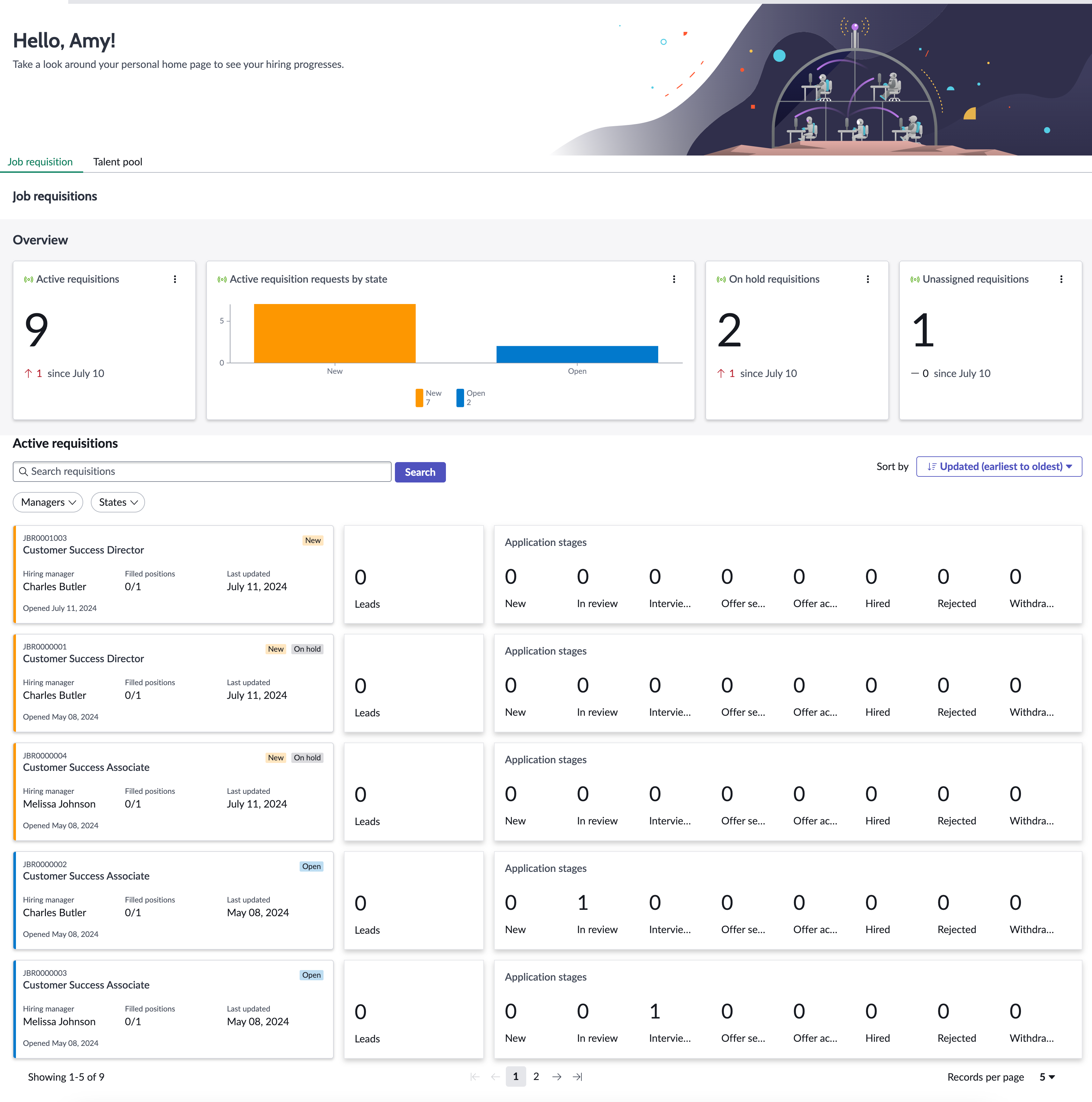 Recruitment Workspace overview page displays the job requisitions listed by different states, filters, and sort options and the Talent Pool tab.