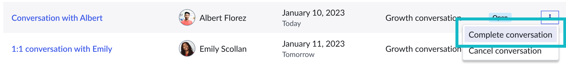 Open conversation with employee with the option to complete or cancel the conversation