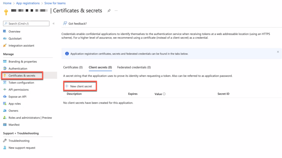 Certificates and secrets screen