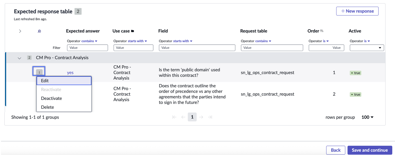 Actions available for fields mapped to expected responses for contract analysis use cases.