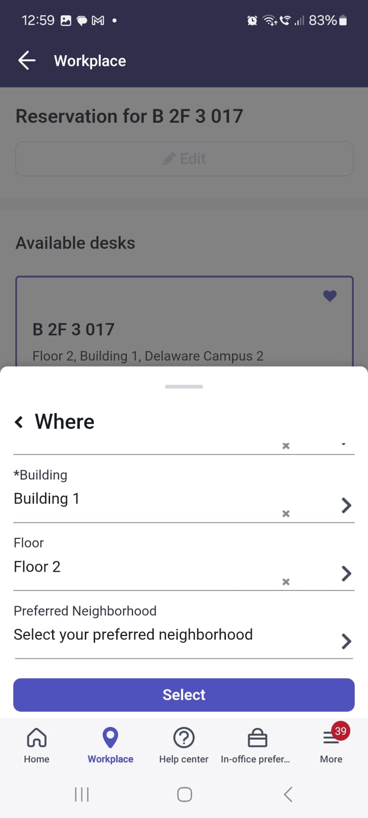Update the building, floor, and preferred neighborhood to update an existing reservation.
