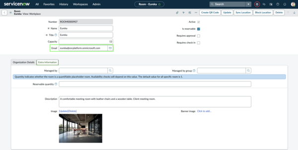 Workplace Room showing mail configuration for the selected location.