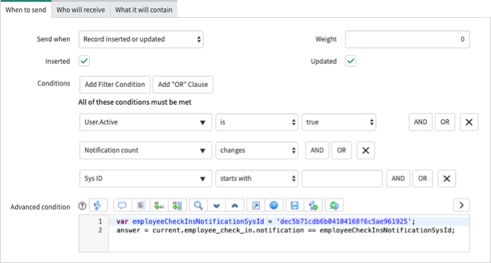 Displays the When to send setting in the Emergency Outreach base system notification.