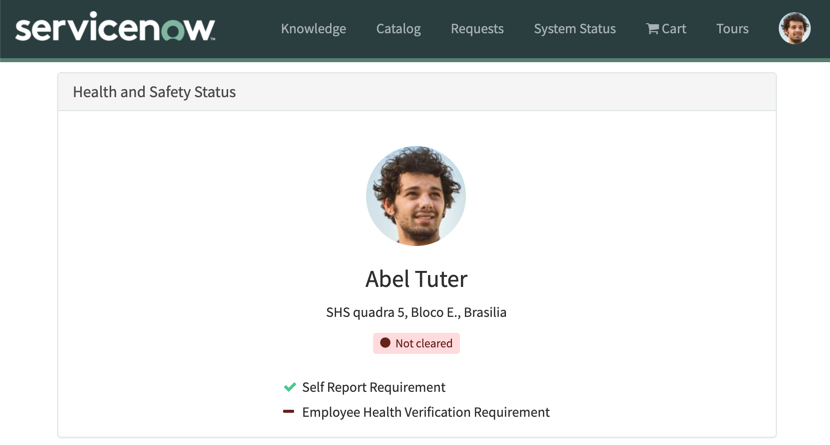 My Health and Safety Status page.