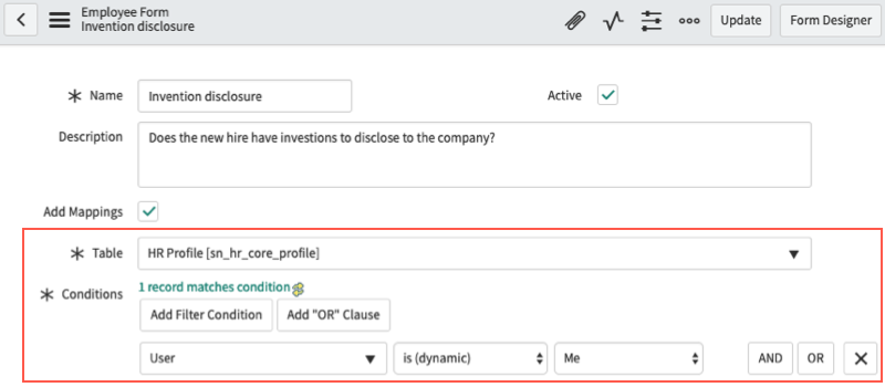 A condition that is set to User, is dynamic, Me. This means that only the logged in user can update their HR profile.