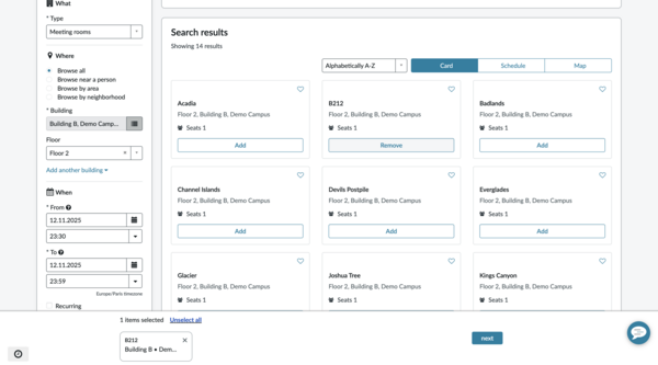 Card view showing available spaces on the reservation portal.