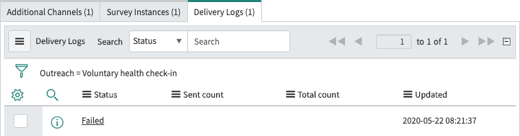 Delivery logs related list showing a failed log status.