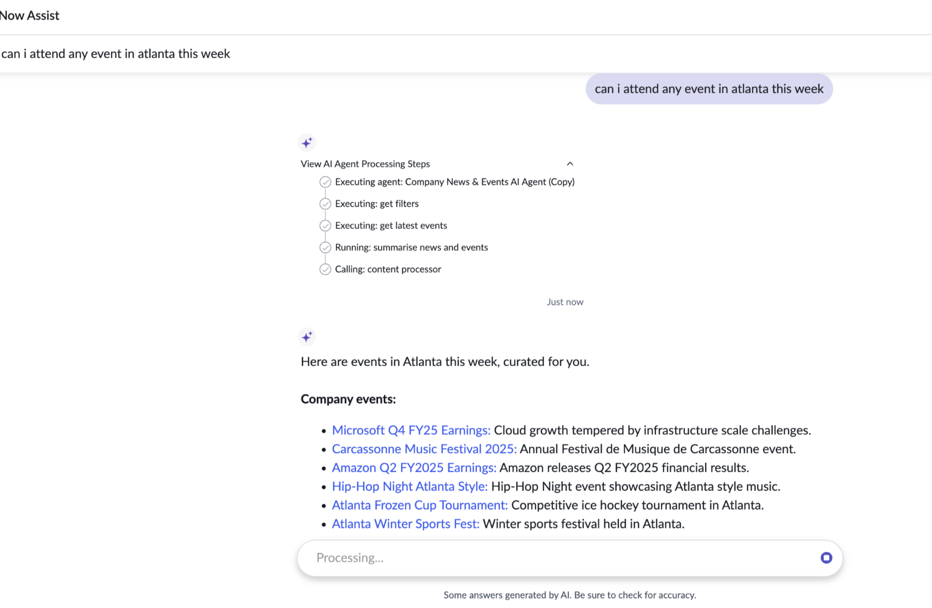 Checking company events in Now Assist