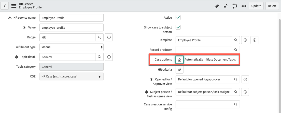 Enabling case option and selecting document template on HR service.