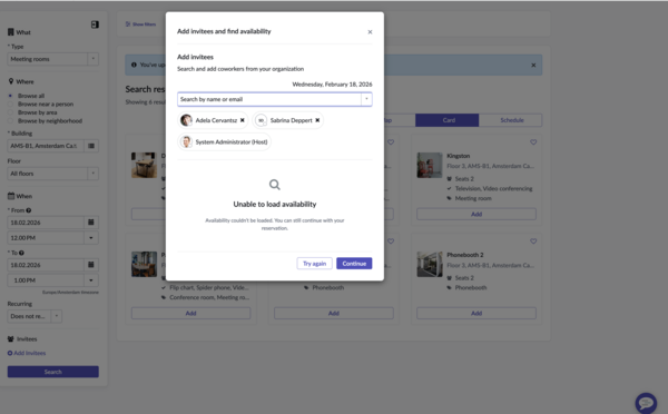 Add invitees dialog box showing unavailability of selected attendees.