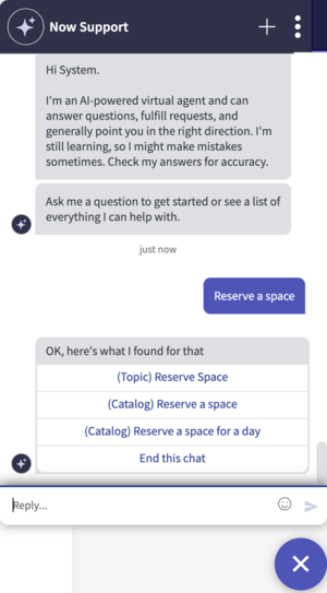 Now Assist for WSD conversational interface showing options to reserve a space.