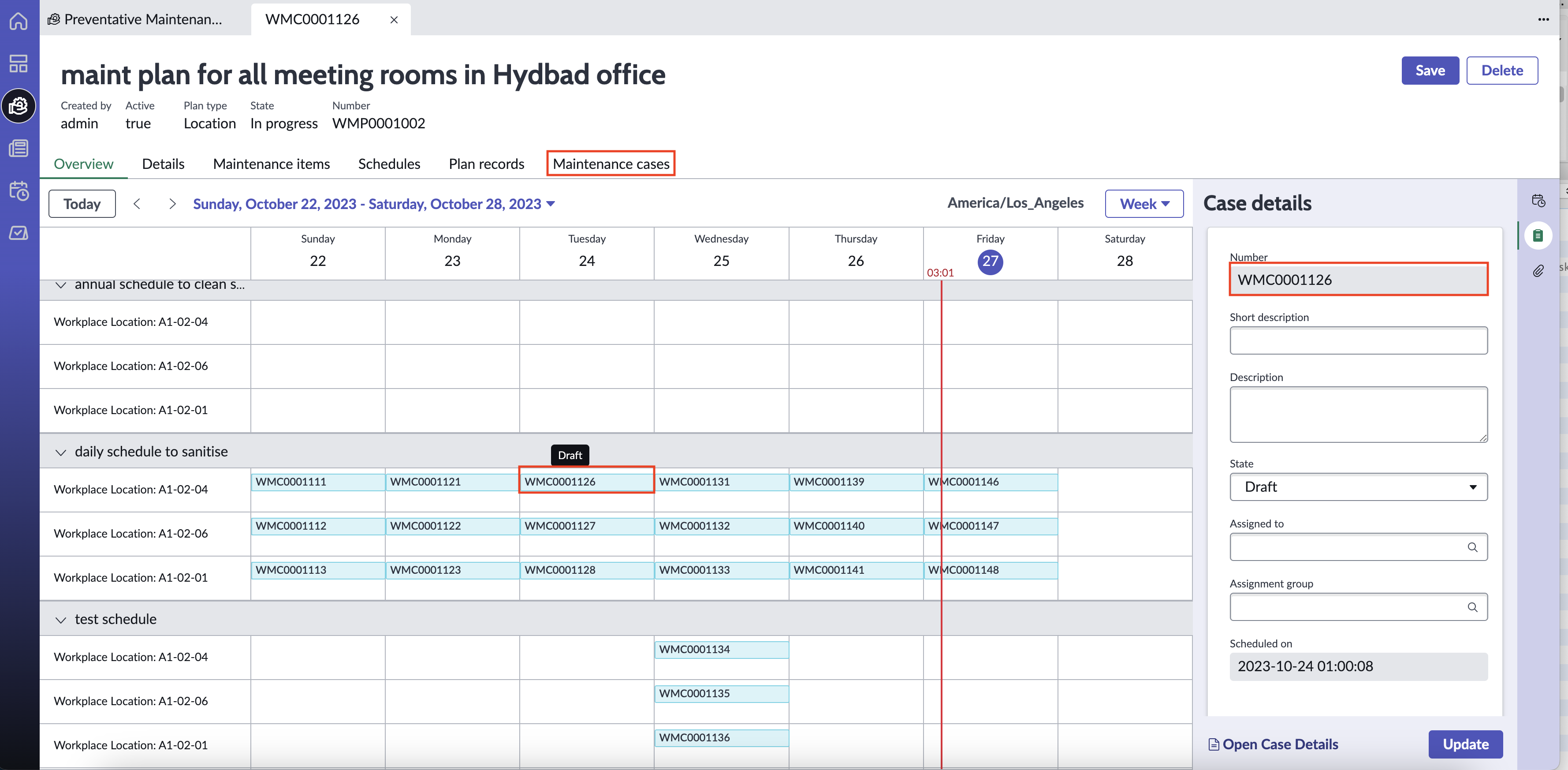 Maintenance plan calendar view showing the Overview tab and maintenance cases.