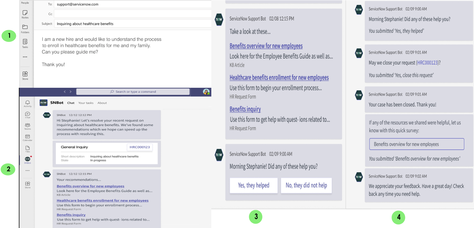 Employee inquiry via an email and response via Microsoft Teams.