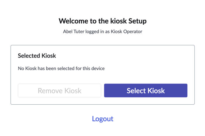 Kiosk setup page displayed to a kiosk operator.