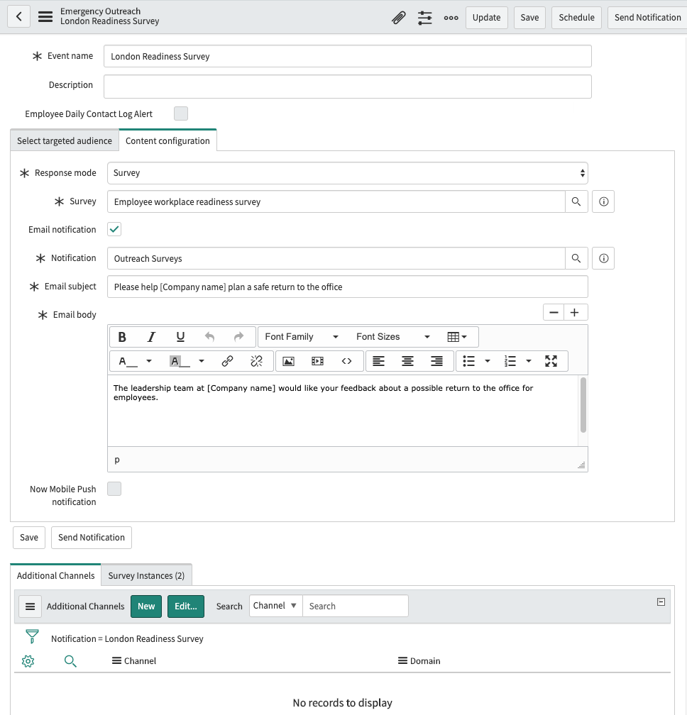 Emergency Outreach content configuration for a survey notification