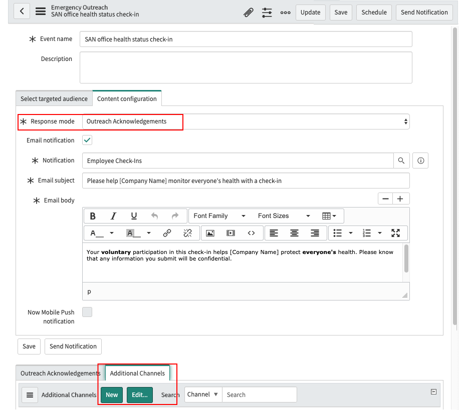 Emergency Outreach content configuration for an outreach notification.