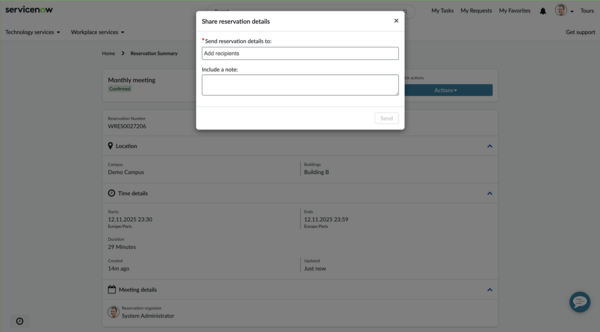 Share reservation details form showing options to add recipients for sharing the reservation.