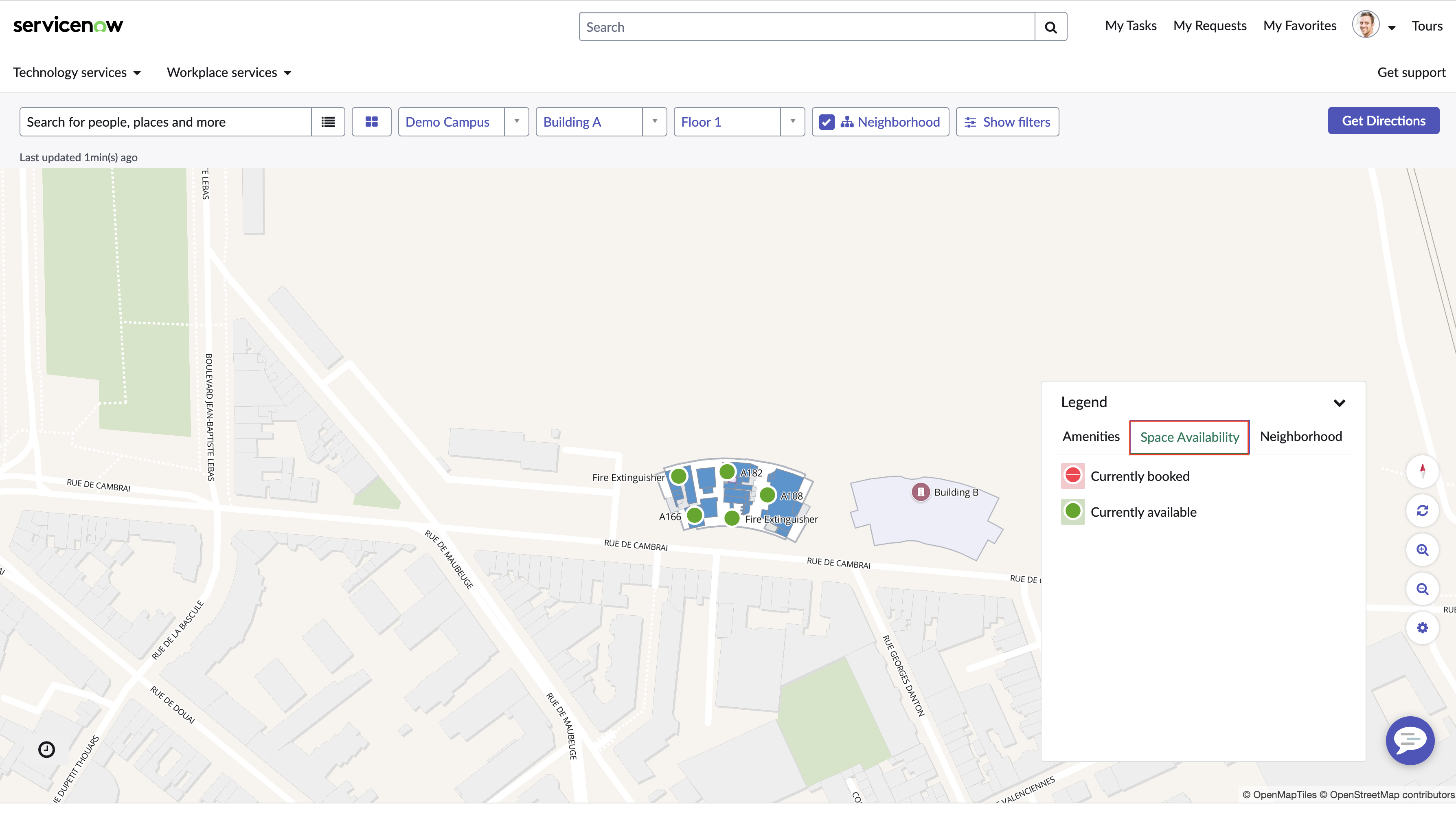 Map showing space availability legend based on reservation status.