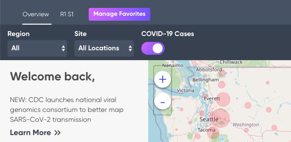 Safe Workplace Dashboard with the Covid-19 Cases switch toggled to show global pandemic data.