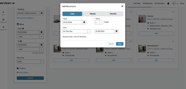 Select duration for daily recurrence meetings.