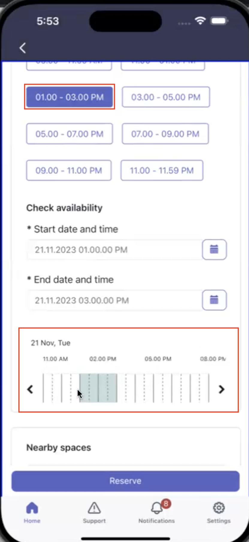 Scheduled view showing the selected time slot.