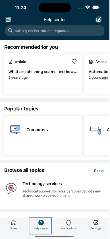 Help center tab displays on Now Mobile home page.