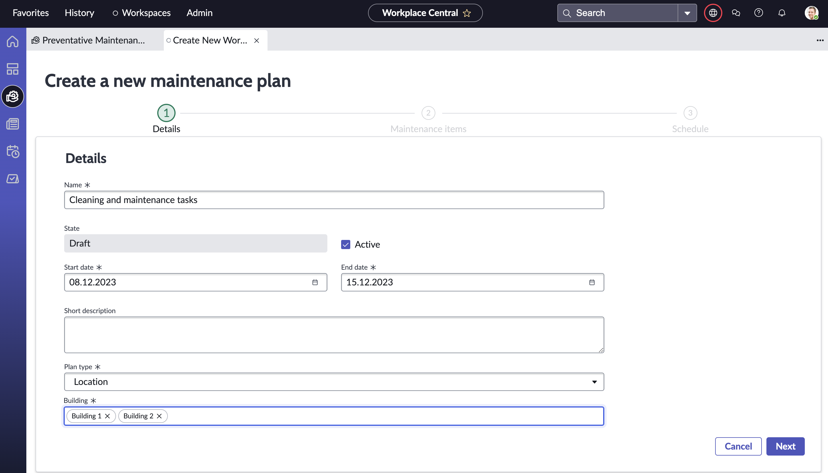 Create a new maintenance plan form.