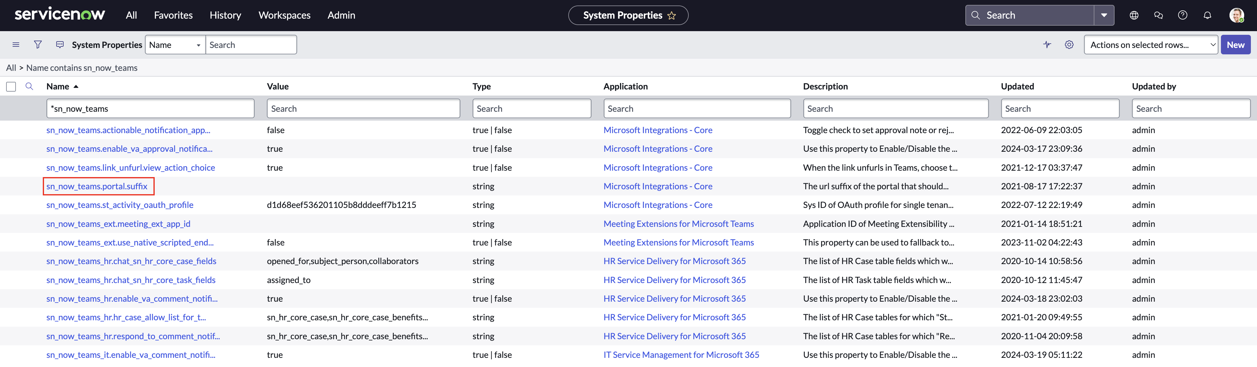 System properties list with sn_now_teams.portal.suffix highlighted
