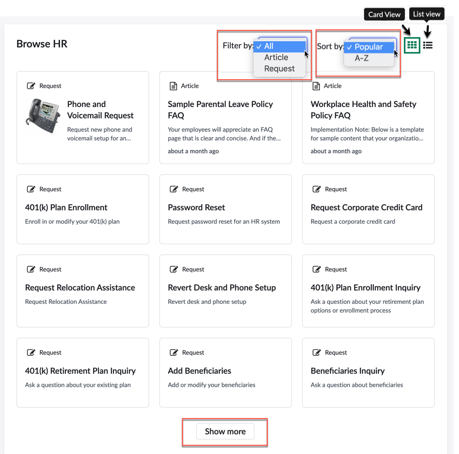 Topic content widget showing connected content of the Browse HR topic, including the available options.
