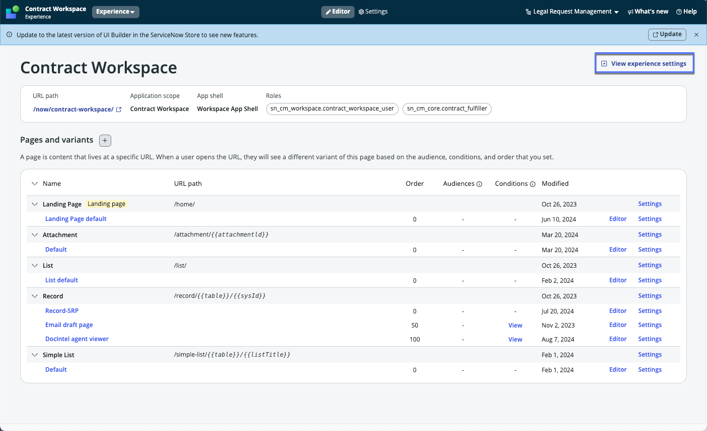 Configure experience setting for Contract workspace in UI builder.