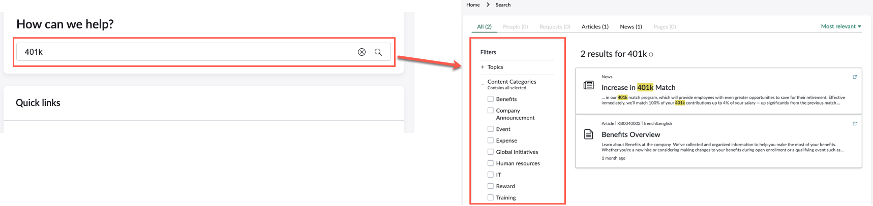 Employees can filter search results by news category