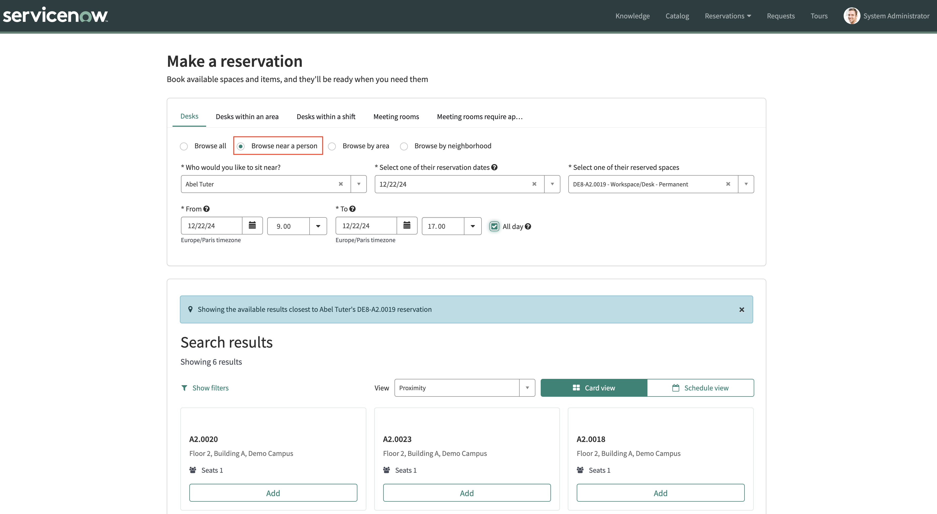 Browse near a person reservable path selected with inputs provided in the Browse near a person form fields.