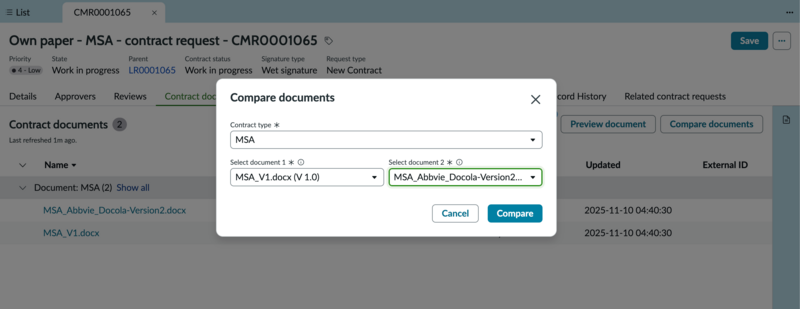 A window to select documents for comparison.